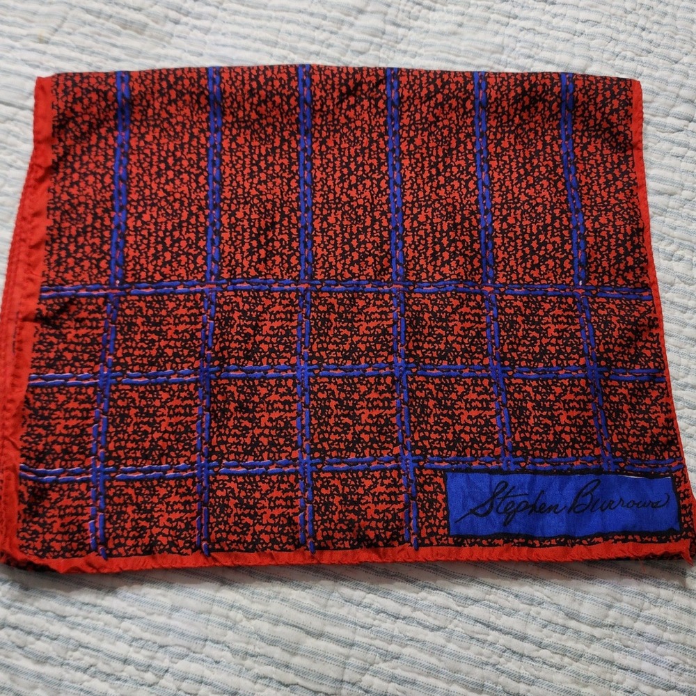 Stephen Burrows Vintage Silk Scarf Red Black Blue Windowpane Pattern